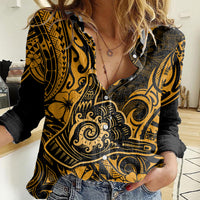 Hawaii Shaka Sign Women Casual Shirt With Polynesian Hibiscus Gold Unique LT01 Female Gold - Polynesian Pride