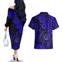 Hawaii Shaka Sign Couples Matching Off The Shoulder Long Sleeve Dress and Hawaiian Shirt With Polynesian Hibiscus Navy Blue Unique LT01 - Polynesian Pride