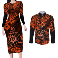 Hawaii Shaka Sign Couples Matching Long Sleeve Bodycon Dress and Long Sleeve Button Shirts With Polynesian Hibiscus Orange Unique LT01 Orange - Polynesian Pride