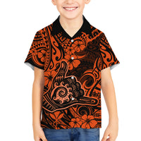 Hawaii Shaka Sign Family Matching Off Shoulder Maxi Dress and Hawaiian Shirt With Polynesian Hibiscus Orange Unique LT01 Son's Shirt Orange - Polynesian Pride