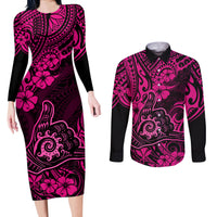 Hawaii Shaka Sign Couples Matching Long Sleeve Bodycon Dress and Long Sleeve Button Shirts With Polynesian Hibiscus Pink Unique LT01 Pink - Polynesian Pride