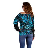 Hawaii Shaka Sign Off Shoulder Sweater Polynesian Pattern Sky Blue Version LT01 - Polynesian Pride