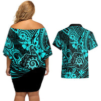 Hawaii Shaka Sign Couples Matching Off Shoulder Short Dress and Hawaiian Shirt Polynesian Pattern Turquoise Version LT01 - Polynesian Pride