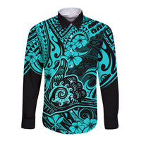 Hawaii Shaka Sign Long Sleeve Button Shirt Polynesian Pattern Turquoise Version LT01 Unisex Turquoise - Polynesian Pride