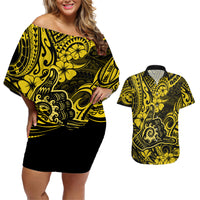 Hawaii Shaka Sign Couples Matching Off Shoulder Short Dress and Hawaiian Shirt Polynesian Pattern Yellow Version LT01 Yellow - Polynesian Pride