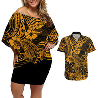 Hawaii Shark Couples Matching Off Shoulder Short Dress and Hawaiian Shirt Polynesian Pattern Gold Version LT01 Gold - Polynesian Pride