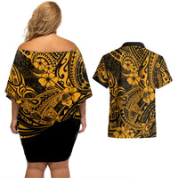 Hawaii Shark Couples Matching Off Shoulder Short Dress and Hawaiian Shirt Polynesian Pattern Gold Version LT01 - Polynesian Pride