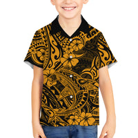 Hawaii Shark Family Matching Off Shoulder Long Sleeve Dress and Hawaiian Shirt Polynesian Pattern Gold Version LT01 Son's Shirt Gold - Polynesian Pride