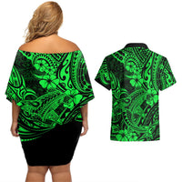 Hawaii Shark Couples Matching Off Shoulder Short Dress and Hawaiian Shirt Polynesian Pattern Green Version LT01 - Polynesian Pride