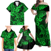 Hawaii Shark Family Matching Off Shoulder Maxi Dress and Hawaiian Shirt Polynesian Pattern Green Version LT01 - Polynesian Pride