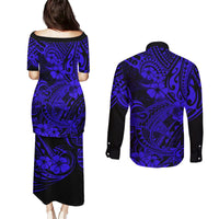 Hawaii Shark Couples Matching Puletasi Dress and Long Sleeve Button Shirts Polynesian Pattern Navy Blue Version LT01 - Polynesian Pride