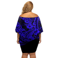 Hawaii Shark Off Shoulder Short Dress Polynesian Pattern Navy Blue Version LT01 - Polynesian Pride