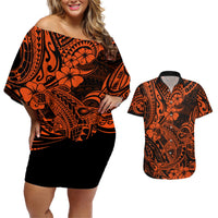 Hawaii Shark Couples Matching Off Shoulder Short Dress and Hawaiian Shirt Polynesian Pattern Orange Version LT01 Orange - Polynesian Pride