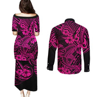 Hawaii Shark Couples Matching Puletasi Dress and Long Sleeve Button Shirts Polynesian Pattern Pink Version LT01 - Polynesian Pride