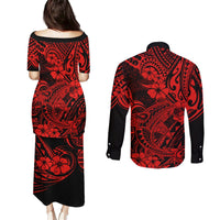 Hawaii Shark Couples Matching Puletasi Dress and Long Sleeve Button Shirts Polynesian Pattern Red Version LT01 - Polynesian Pride