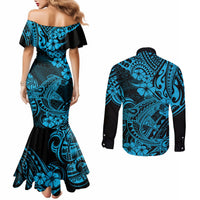 Hawaii Shark Couples Matching Mermaid Dress and Long Sleeve Button Shirts Polynesian Pattern Sky Blue Version LT01 - Polynesian Pride