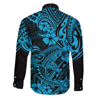 Hawaii Shark Family Matching Off Shoulder Long Sleeve Dress and Hawaiian Shirt Polynesian Pattern Sky Blue Version LT01 - Polynesian Pride