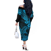 Hawaii Shark Off The Shoulder Long Sleeve Dress Polynesian Pattern Sky Blue Version LT01 - Polynesian Pride