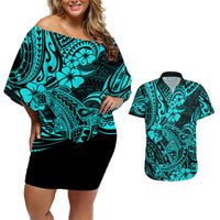 Hawaii Shark Couples Matching Off Shoulder Short Dress and Hawaiian Shirt Polynesian Pattern Turquoise Version LT01 Turquoise - Polynesian Pride
