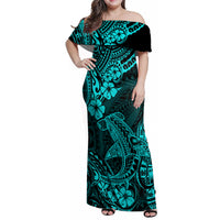 Hawaii Shark Family Matching Off Shoulder Maxi Dress and Hawaiian Shirt Polynesian Pattern Turquoise Version LT01 Mom's Dress Turquoise - Polynesian Pride