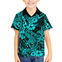 Hawaii Shark Family Matching Off Shoulder Maxi Dress and Hawaiian Shirt Polynesian Pattern Turquoise Version LT01 Son's Shirt Turquoise - Polynesian Pride