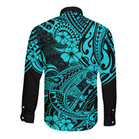 Hawaii Shark Long Sleeve Button Shirt Polynesian Pattern Turquoise Version LT01 - Polynesian Pride