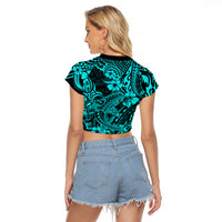 Hawaii Shark Raglan Cropped T Shirt Polynesian Pattern Turquoise Version LT01 - Polynesian Pride