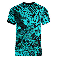Hawaii Shark Women V Neck T Shirt Polynesian Pattern Turquoise Version LT01 - Polynesian Pride