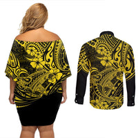 Hawaii Shark Couples Matching Off Shoulder Short Dress and Long Sleeve Button Shirts Polynesian Pattern Yellow Version LT01 - Polynesian Pride