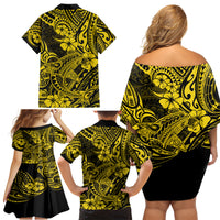 Hawaii Shark Family Matching Off Shoulder Short Dress and Hawaiian Shirt Polynesian Pattern Yellow Version LT01 - Polynesian Pride