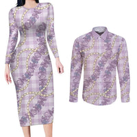 Pua Kalaunu Lei Couples Matching Long Sleeve Bodycon Dress and Long Sleeve Button Shirt Palaka Pattern LT01 Purple - Polynesian Pride