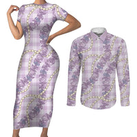 Pua Kalaunu Lei Couples Matching Short Sleeve Bodycon Dress and Long Sleeve Button Shirt Palaka Pattern LT01 Purple - Polynesian Pride