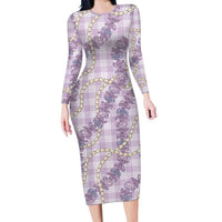 Pua Kalaunu Lei Long Sleeve Bodycon Dress Palaka Pattern LT01 Long Dress Purple - Polynesian Pride