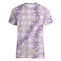 Pua Kalaunu Lei Women V-Neck T-Shirt Palaka Pattern LT01 Female Purple - Polynesian Pride