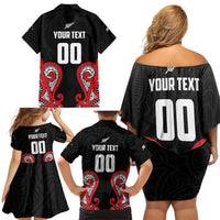 Custom Rugby New Zealand Family Matching Off Shoulder Short Dress and Hawaiian Shirt Baby Black Go Champions