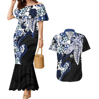 Monstera Plumeria Flowers Blue Couples Matching Mermaid Dress and Hawaiian Shirt Polynesian Pattern