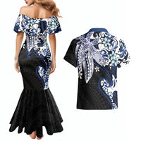 Monstera Plumeria Flowers Blue Couples Matching Mermaid Dress and Hawaiian Shirt Polynesian Pattern