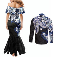 Monstera Plumeria Flowers Blue Couples Matching Mermaid Dress and Long Sleeve Button Shirt Polynesian Pattern LT01 - Polynesian Pride