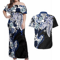 Monstera Plumeria Flowers Blue Couples Matching Off Shoulder Maxi Dress and Hawaiian Shirt Polynesian Pattern LT01 Blue - Polynesian Pride