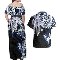 Monstera Plumeria Flowers Blue Couples Matching Off Shoulder Maxi Dress and Hawaiian Shirt Polynesian Pattern LT01 - Polynesian Pride