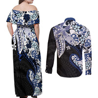 Monstera Plumeria Flowers Blue Couples Matching Off Shoulder Maxi Dress and Long Sleeve Button Shirt Polynesian Pattern LT01 - Polynesian Pride