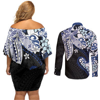 Monstera Plumeria Flowers Blue Couples Matching Off Shoulder Short Dress and Long Sleeve Button Shirt Polynesian Pattern LT01 - Polynesian Pride