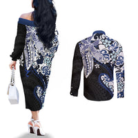 Monstera Plumeria Flowers Blue Couples Matching Off The Shoulder Long Sleeve Dress and Long Sleeve Button Shirt Polynesian Pattern LT01 - Polynesian Pride