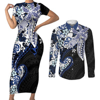 Monstera Plumeria Flowers Blue Couples Matching Short Sleeve Bodycon Dress and Long Sleeve Button Shirt Polynesian Pattern LT01 Blue - Polynesian Pride