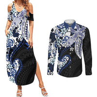 Monstera Plumeria Flowers Blue Couples Matching Summer Maxi Dress and Long Sleeve Button Shirt Polynesian Pattern LT01 Blue - Polynesian Pride