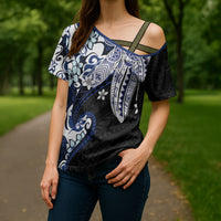Monstera Plumeria Flowers Blue Cross Shoulder Shirt Polynesian Pattern LT01 - Polynesian Pride