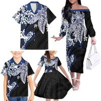 Monstera Plumeria Flowers Blue Family Matching Off The Shoulder Long Sleeve Dress and Hawaiian Shirt Polynesian Pattern
