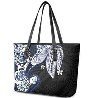 Monstera Plumeria Flowers Blue Leather Tote Bag Polynesian Pattern LT01 - Polynesian Pride