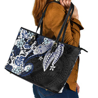 Monstera Plumeria Flowers Blue Leather Tote Bag Polynesian Pattern LT01 - Polynesian Pride