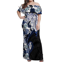 Monstera Plumeria Flowers Blue Off Shoulder Maxi Dress Polynesian Pattern LT01 Women Blue - Polynesian Pride